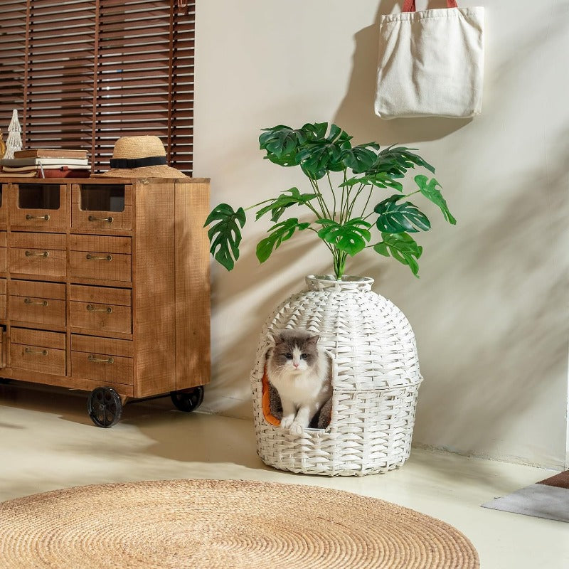 Unique Woven - style Cat Litter Box with Greenery Decoration - Stylish & Functional for Your Feline