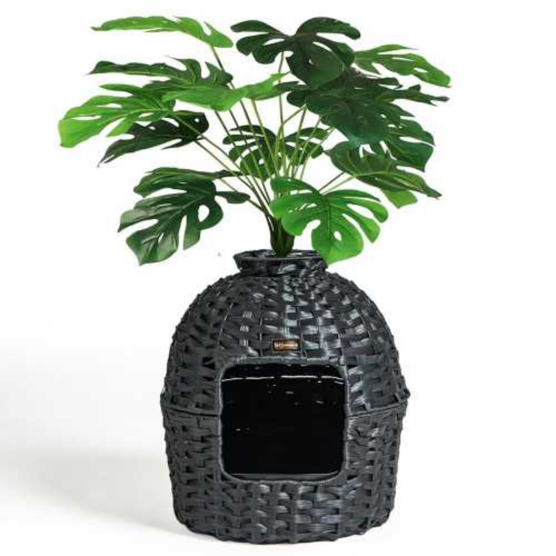 Unique Woven - style Cat Litter Box with Greenery Decoration - Stylish & Functional for Your Feline