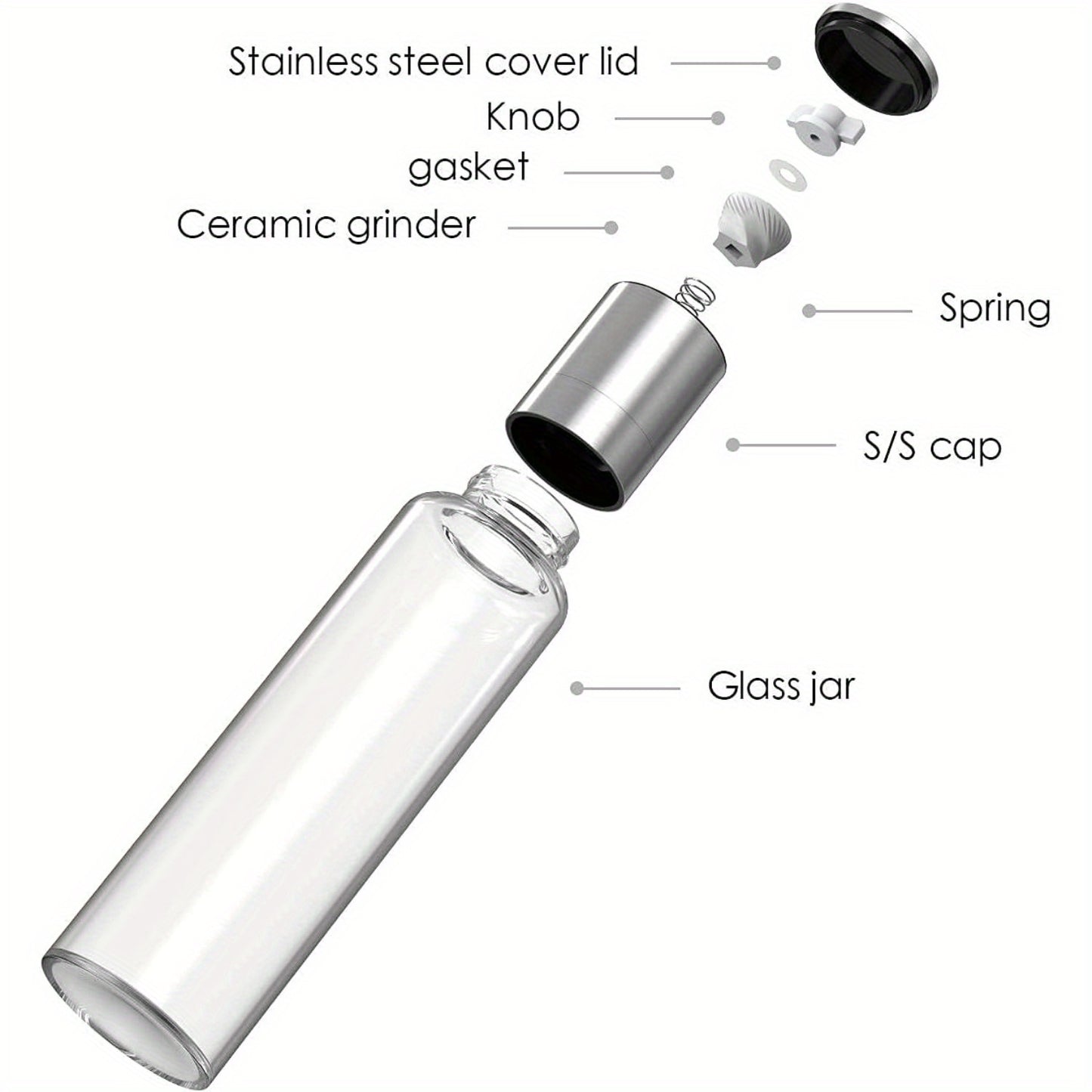 Premium Stainless Steel Salt and Pepper Grinder Set of 2 Borosilicate Glass Jar - Adjustable Coarseness Ceramic Clear Pepper Spices Shaker - Tall Grinder Mill Set Kitchen Gifts