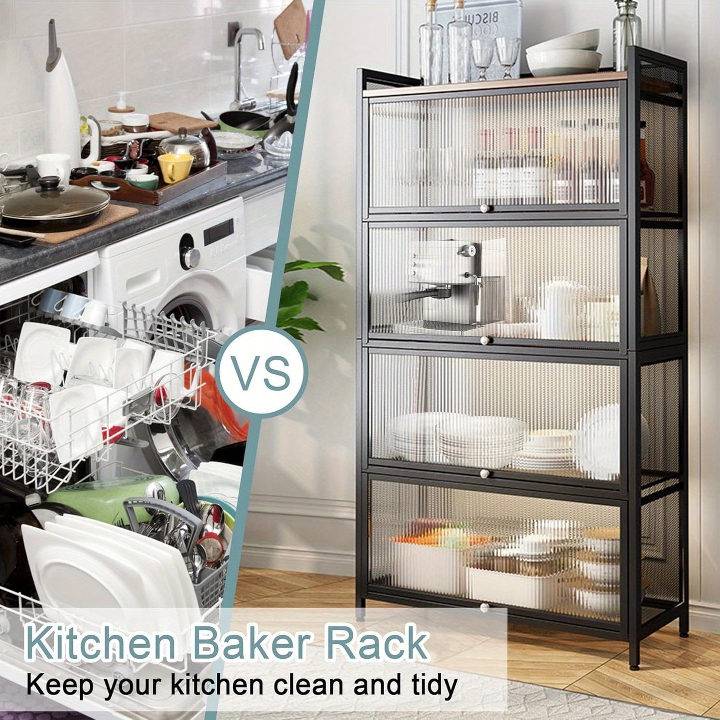5-Tier Bakers Racks for Kitchens, Kitchen Storage Cabinets, Microwave Stand, Kitchen Shelves for Spices, Pots and Pans Cabinet, with Flip Door Cabinet and Brakeable Casters