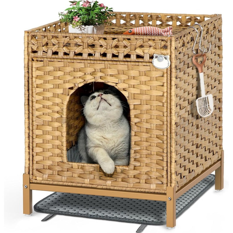 Cat Litter Box Enclosure, Cat Litter Box Enclosure Furniture with Cat Litter Mat, Handwoven Rattan Cat House with Metal Heightened Feet, 18.5×20.4×23.2 Inches, Living Room, Bedroom