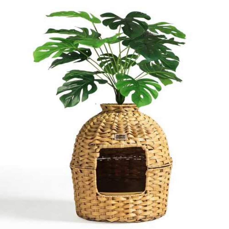 Unique Woven - style Cat Litter Box with Greenery Decoration - Stylish & Functional for Your Feline