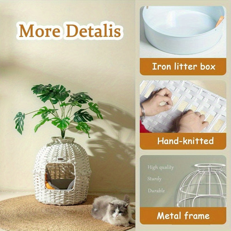 Unique Woven - style Cat Litter Box with Greenery Decoration - Stylish & Functional for Your Feline