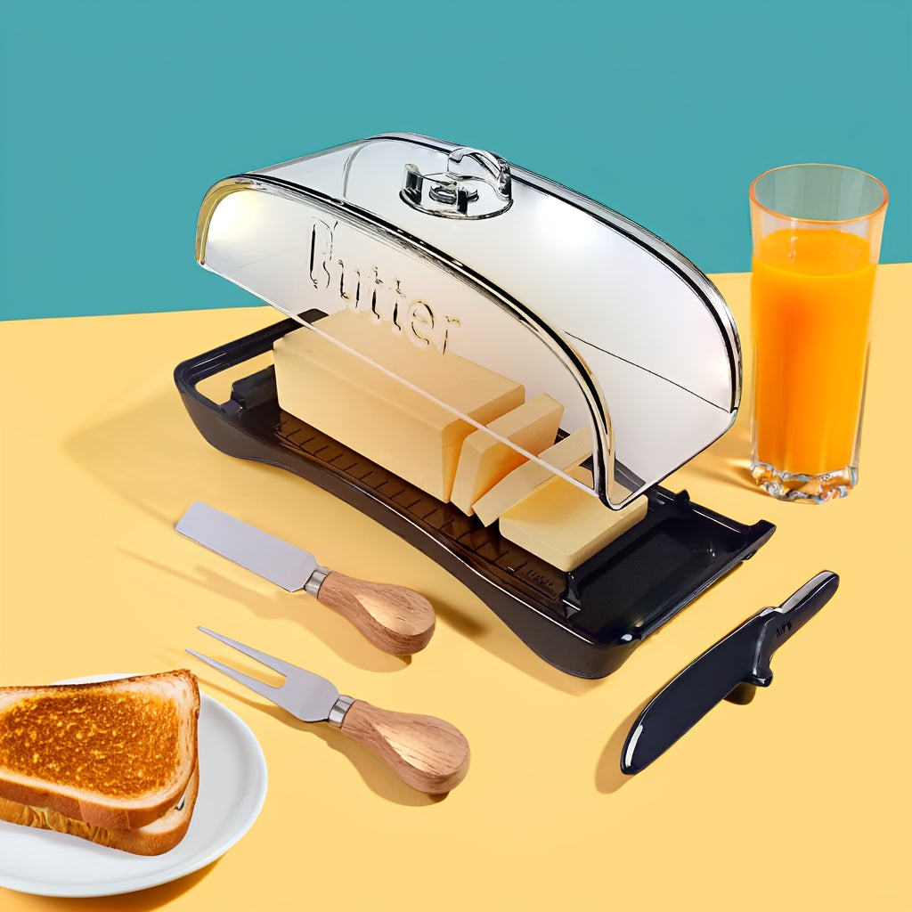 Plastic Butter Dish with Butter Knife / Spatula,Butter Fork Set - BPA Free Butter Tray Container,Black Butter Dish For Home Kitchen,Camping