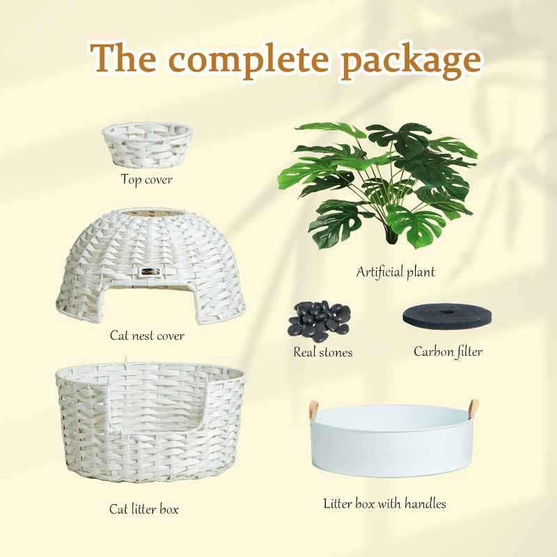 Unique Woven - style Cat Litter Box with Greenery Decoration - Stylish & Functional for Your Feline