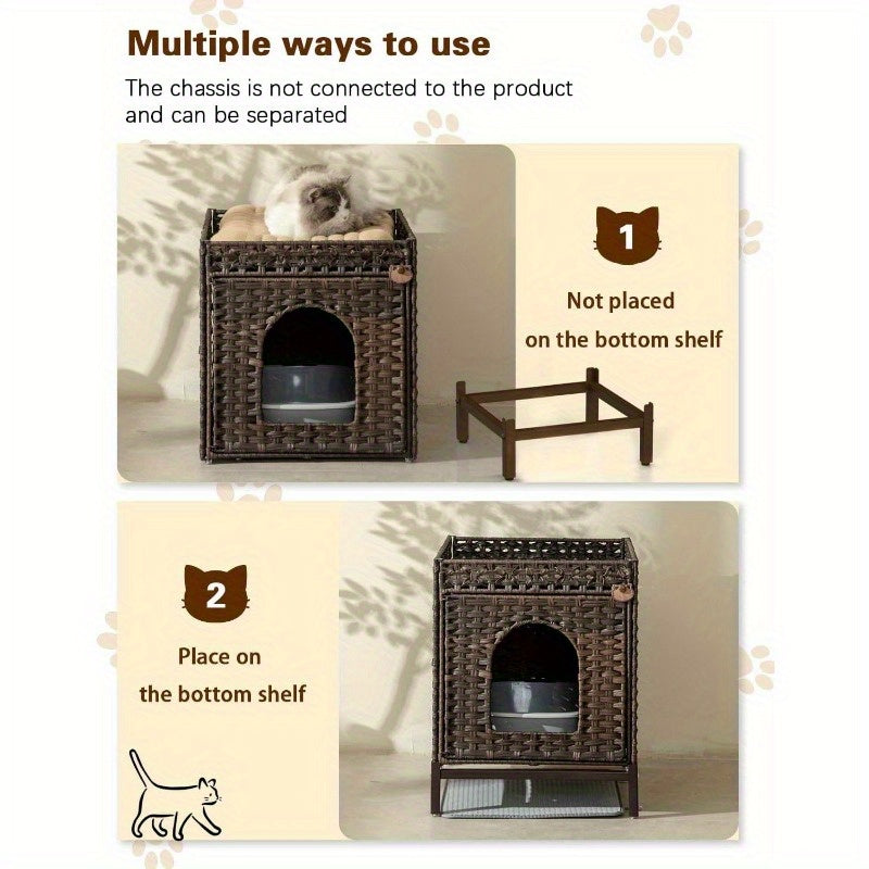 Cat Litter Box Enclosure, Cat Litter Box Enclosure Furniture with Cat Litter Mat, Handwoven Rattan Cat House with Metal Heightened Feet, 18.5×20.4×23.2 Inches, Living Room, Bedroom