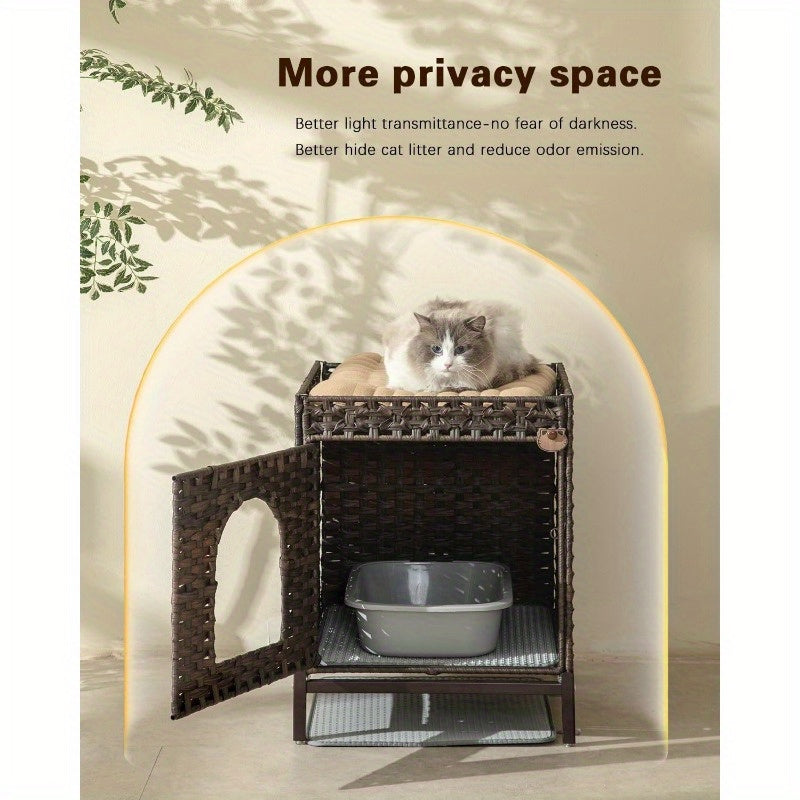Cat Litter Box Enclosure, Cat Litter Box Enclosure Furniture with Cat Litter Mat, Handwoven Rattan Cat House with Metal Heightened Feet, 18.5×20.4×23.2 Inches, Living Room, Bedroom