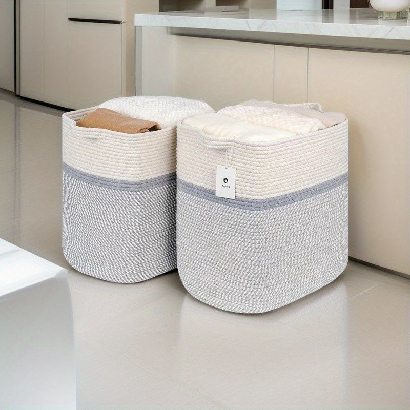 Two Extra Large Cotton Rope Storage Baskets with Handles, Ideal for Clothes, Toys and Household Items