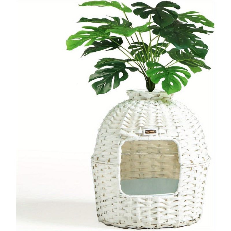 Unique Woven - style Cat Litter Box with Greenery Decoration - Stylish & Functional for Your Feline