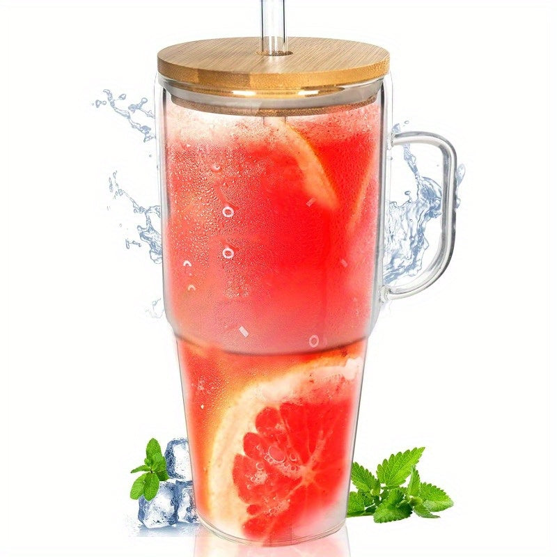 ANOTION Glass Cups with Lids and Straws - 40 Oz Tumbler with Handle and Straw Glass Water Bottles Drinking Glasses Glass Straws Iced Coffee Cups Travel Coffee Mug Smoothie Cup Glass Tumbler