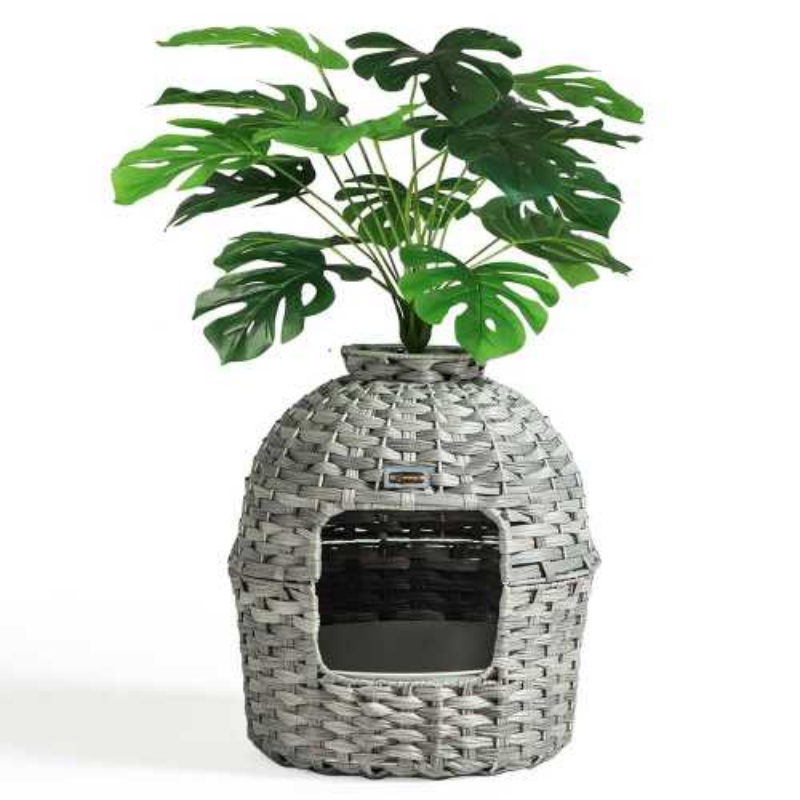 Unique Woven - style Cat Litter Box with Greenery Decoration - Stylish & Functional for Your Feline