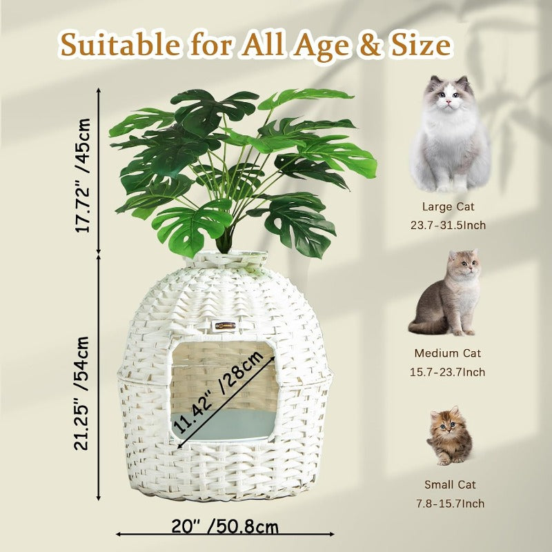 Unique Woven - style Cat Litter Box with Greenery Decoration - Stylish & Functional for Your Feline