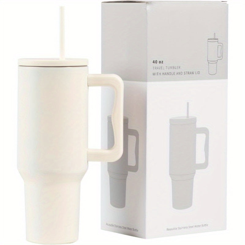 40 oz Tumbler with Handle, Reusable Insulated Cup with Lid and Straw, Stainless Steel Water Bottle, Travel Mug For Cold and Hot (White)