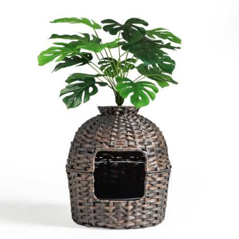Unique Woven - style Cat Litter Box with Greenery Decoration - Stylish & Functional for Your Feline