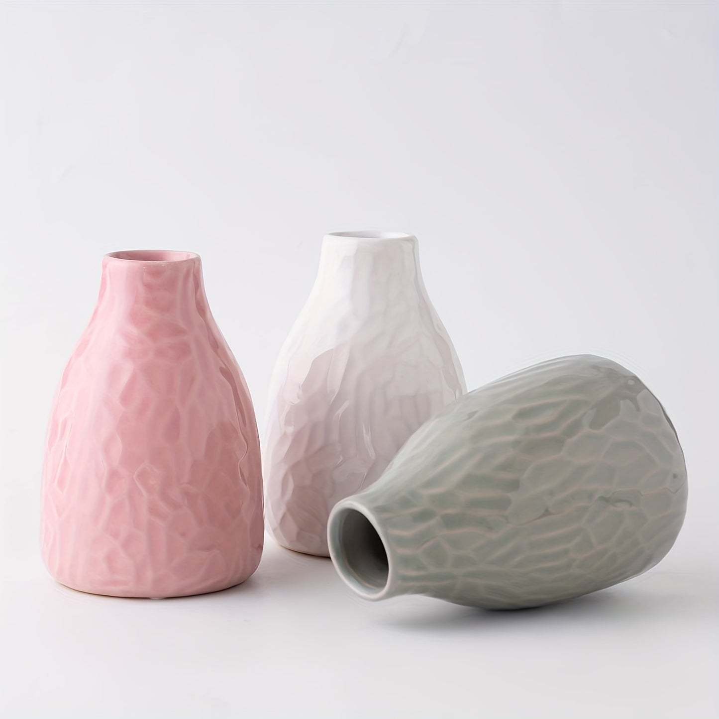 flower Vase Set of 3, Decorative Ceramic Vase, Embossed Pattern Vase for Decor Home Living Room Office Parties Wedding, 3.7" Wide 5.5" Tall