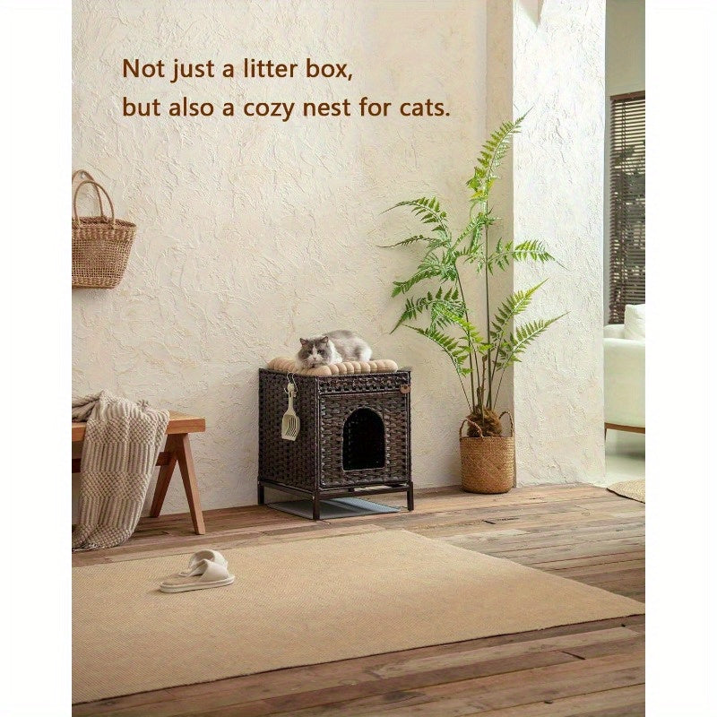 Cat Litter Box Enclosure, Cat Litter Box Enclosure Furniture with Cat Litter Mat, Handwoven Rattan Cat House with Metal Heightened Feet, 18.5×20.4×23.2 Inches, Living Room, Bedroom