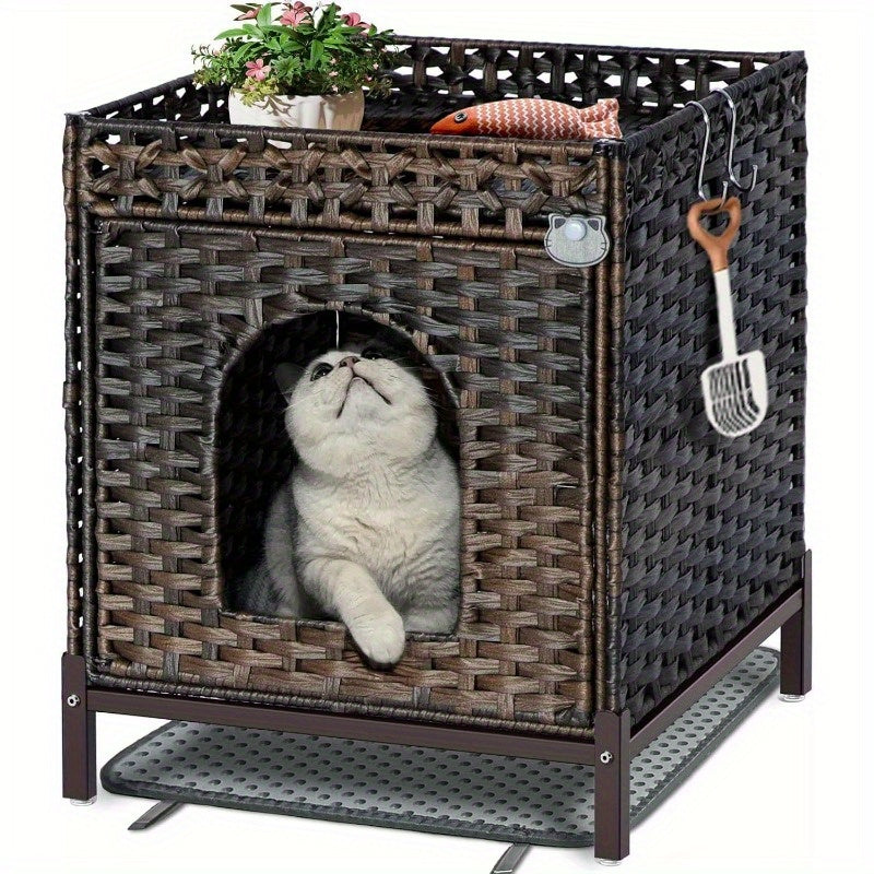 Cat Litter Box Enclosure, Cat Litter Box Enclosure Furniture with Cat Litter Mat, Handwoven Rattan Cat House with Metal Heightened Feet, 18.5×20.4×23.2 Inches, Living Room, Bedroom