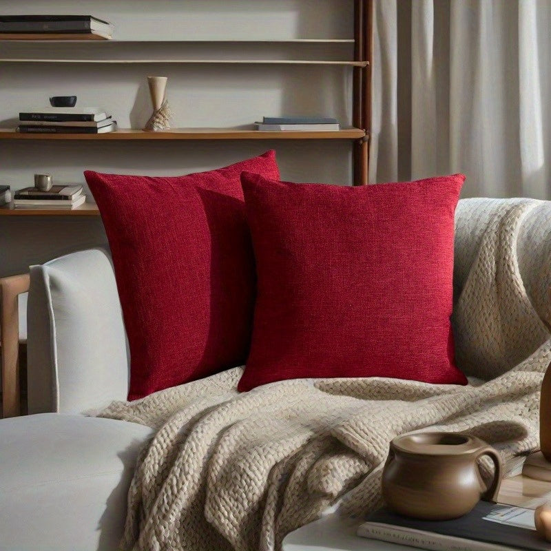 Set of 4 24x24 Inch Solid Red Burlap Linen-look Pillow Covers - Decorative Cushions for Sofa, Bed, Couch & Bench