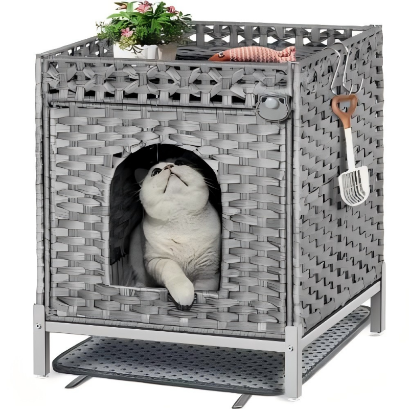 Cat Litter Box Enclosure, Cat Litter Box Enclosure Furniture with Cat Litter Mat, Handwoven Rattan Cat House with Metal Heightened Feet, 18.5×20.4×23.2 Inches, Living Room, Bedroom