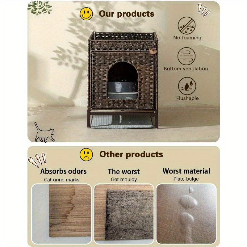 Cat Litter Box Enclosure, Cat Litter Box Enclosure Furniture with Cat Litter Mat, Handwoven Rattan Cat House with Metal Heightened Feet, 18.5×20.4×23.2 Inches, Living Room, Bedroom