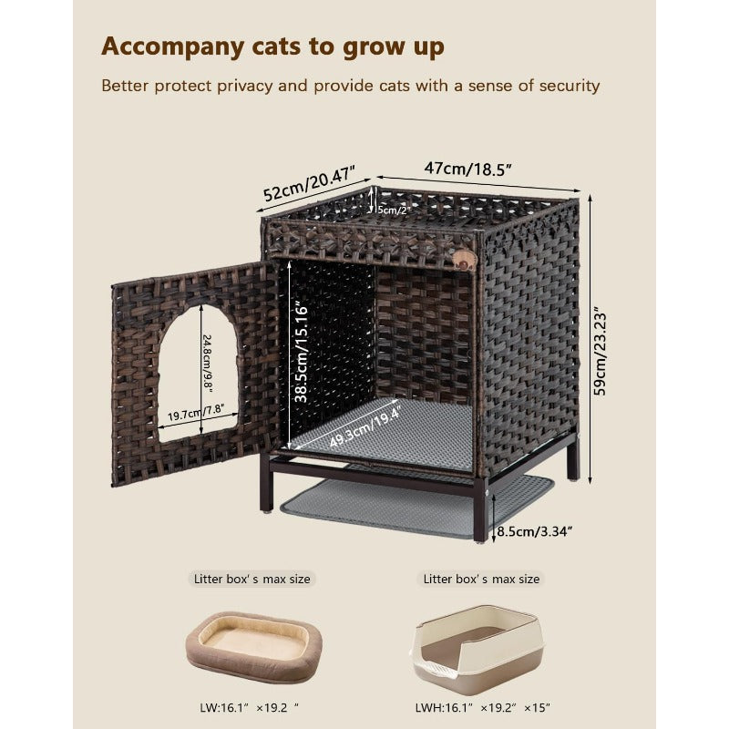 Cat Litter Box Enclosure, Cat Litter Box Enclosure Furniture with Cat Litter Mat, Handwoven Rattan Cat House with Metal Heightened Feet, 18.5×20.4×23.2 Inches, Living Room, Bedroom