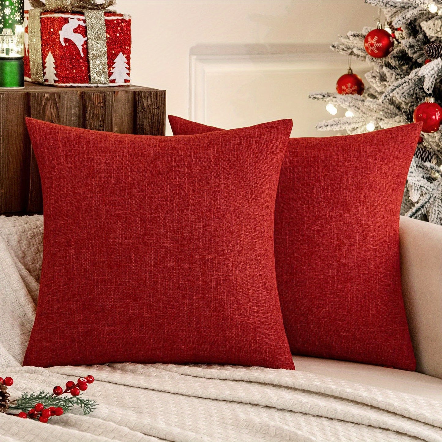 Pack of 4 Red Linen Throw Pillow Covers Square Rustic Farmhouse Decorative Burlap Pillowcases Cushion Covers for Couch Bed Sofa Living Room 20x20 Inch