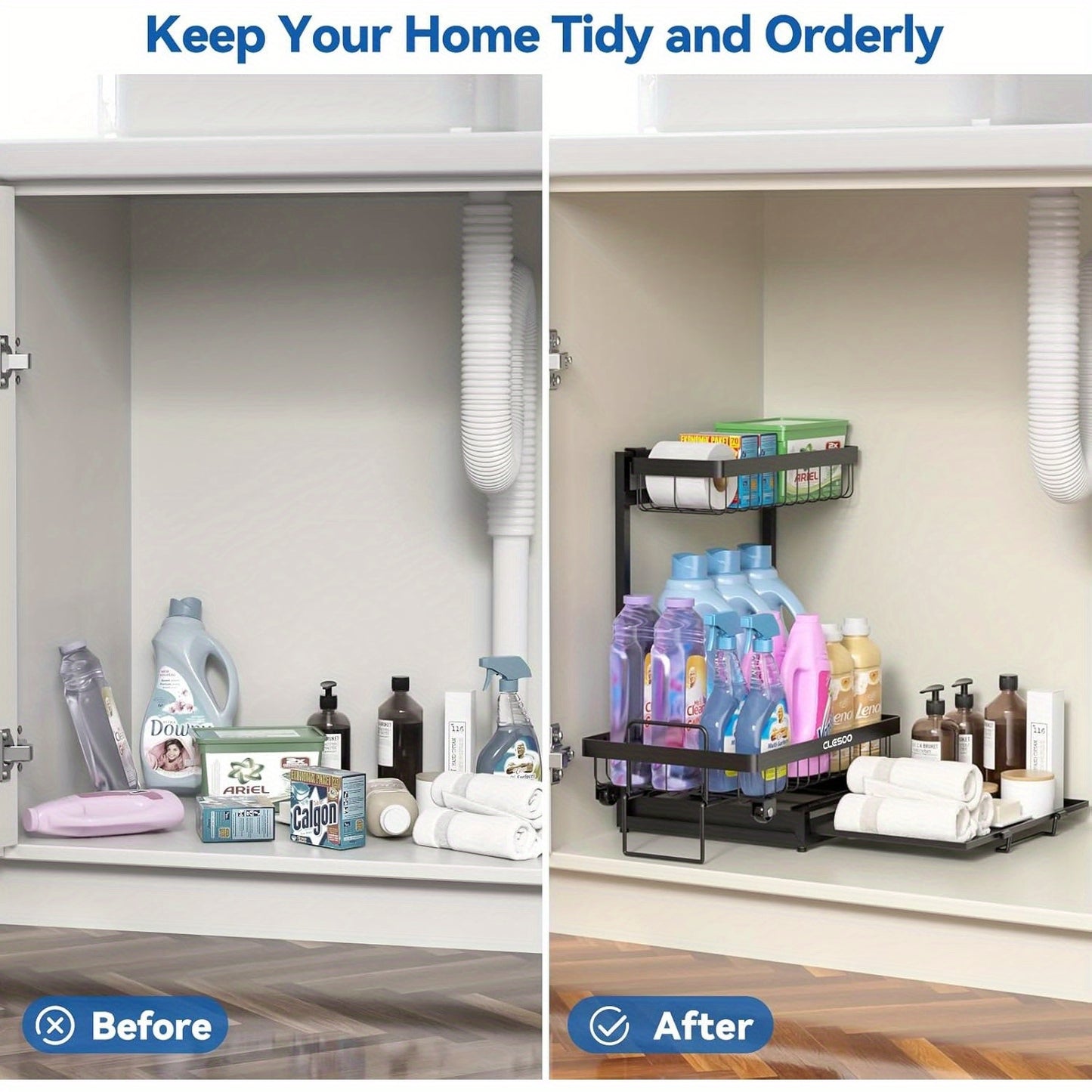Organizer 2 Tier Slide Out Under Sink Shelf Cabinet Storage Shelf Under Sink Storage for Kitchen Bathroom Metal L-Shape (Black, 1pack)