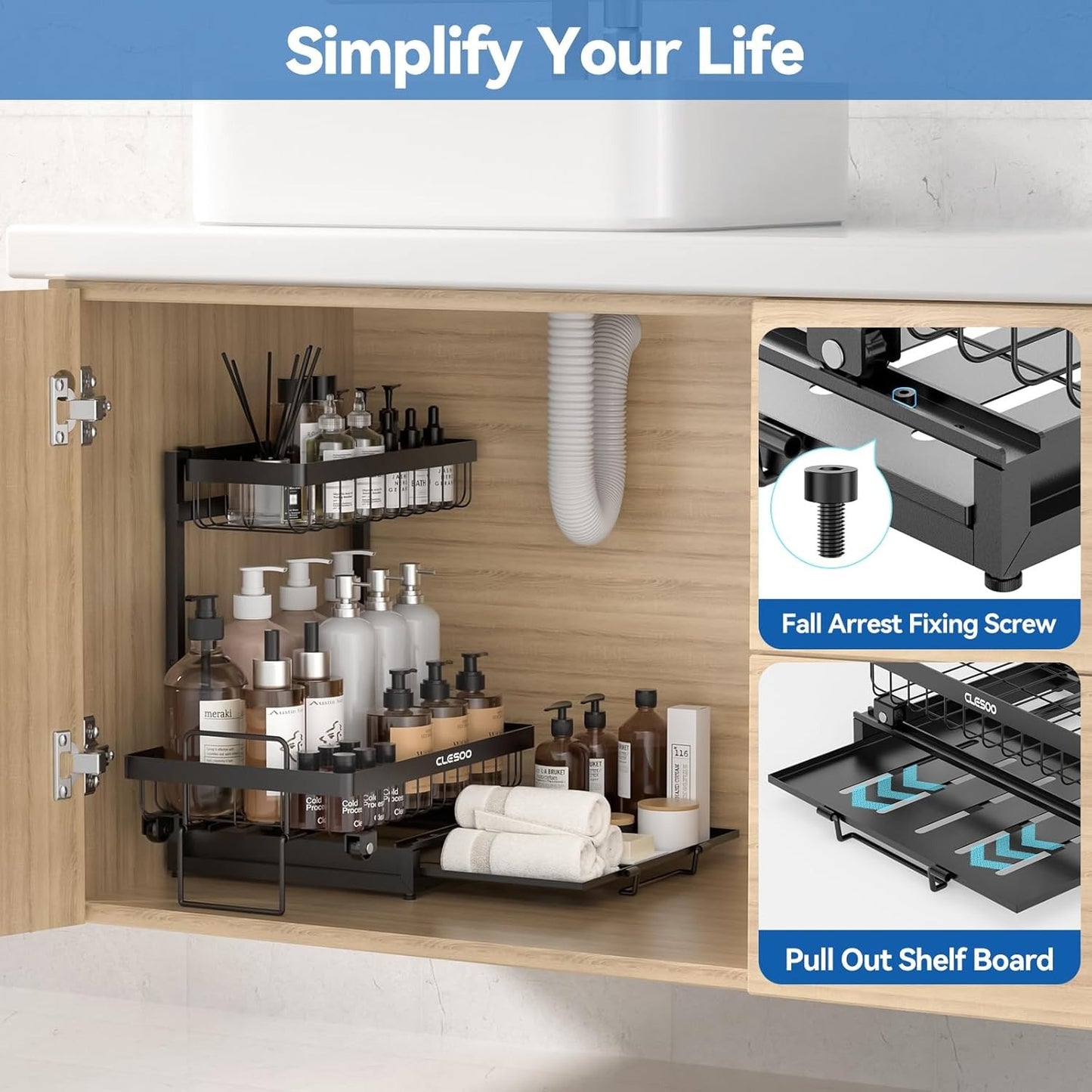 Organizer 2 Tier Slide Out Under Sink Shelf Cabinet Storage Shelf Under Sink Storage for Kitchen Bathroom Metal L-Shape (Black, 1pack)