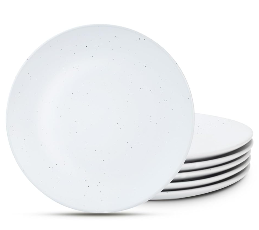 6 - Piece Set of Speckled White Ceramic Dinner Plates - Stylish & Durable