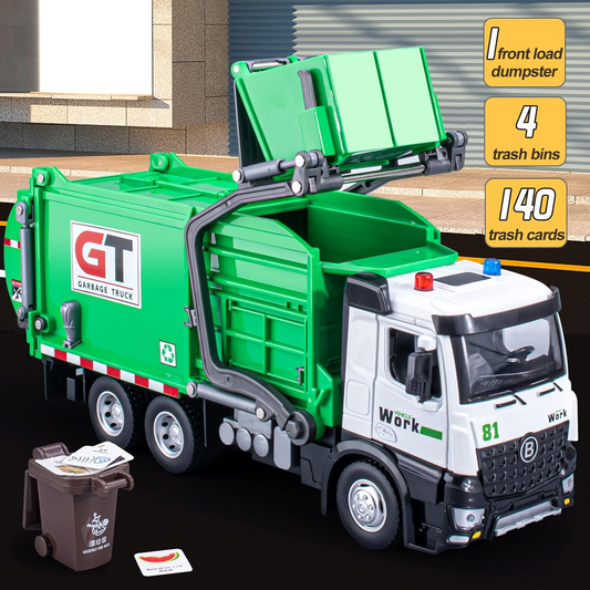 Garbage Truck Toys Metal Cab, Realistic Trash Truck Toys for Boys Kids with Lights and Sounds, Friction Powered Recycling Vehicles, Front Loader with Dumpster, 4 Trash Bins, 12"