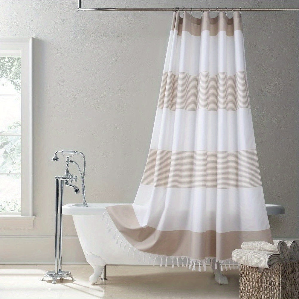 Shower Curtain Boho Hand Knotted Tassel Fabric Shower Curtain for Bathroom Decor Tan Striped Heavy Weighted Cloth Bath Curtains, 72" W x 72" H
