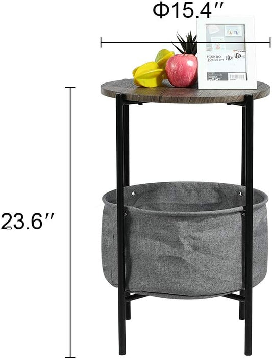 eclife Round End Table, 2 -Tier with Fabric Storage Basket