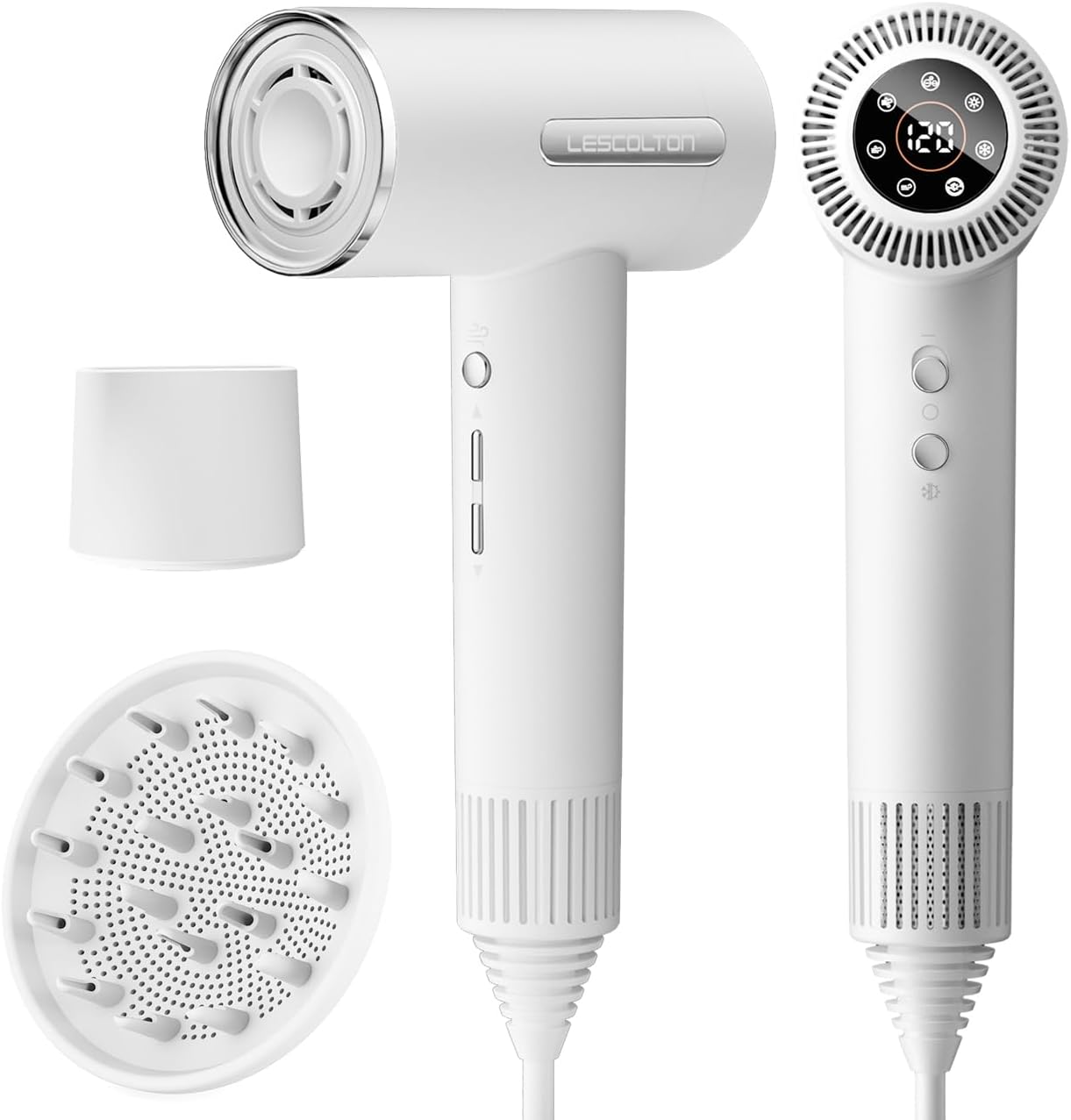 Lightweight Ionic Blow Dryer 110, 000 RPM Brushless Motor 1400W Powerful High Speed, Diffuser & LED Display, 3 Air Speeds for Fast Drying, Low Noise for Home Travel
