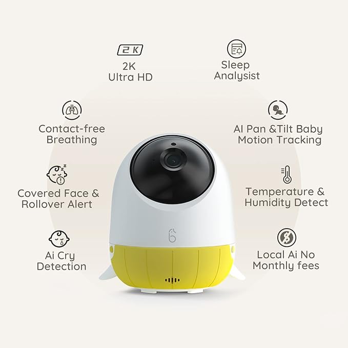 Simshine Baby Monitor, Covered Face Alert, Auto Photo Capture, Cry Auto Soothing Lullaby, Two-Way Talk, Virtual Fence, 2K Ultra HD, Infrared Night Vision