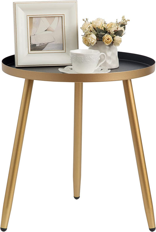 Round End/Side Tables for Living Room, Bedrooms Narrow Night Stands Cute Pedestal Plant Stand for Balcony, Black Tray with 3 Legged Gold Coffee/ Accent Table