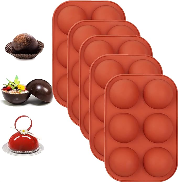 5 Pack Ball Chocolate Candy Mold, 6-Cavity Ball Shape Medium Semi Sphere Silicone Mold for Hot Chocolate Bomb, Candy Mini Soap, Cake, Jelly, Pudding, Ice Cube Bread Cupcake and Jello