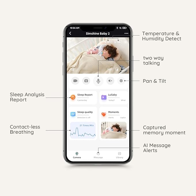 Simshine Baby Monitor, Covered Face Alert, Auto Photo Capture, Cry Auto Soothing Lullaby, Two-Way Talk, Virtual Fence, 2K Ultra HD, Infrared Night Vision