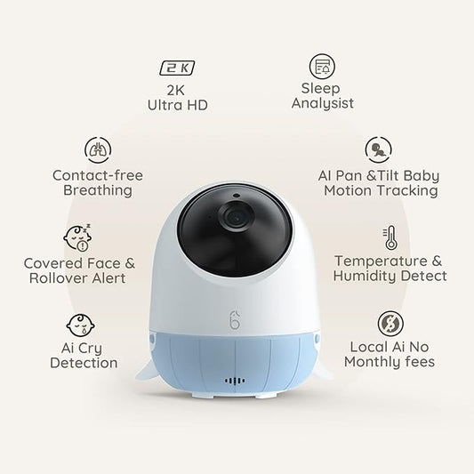 Simshine Baby Monitor, Covered Face Alert, Auto Photo Capture, Cry Auto Soothing Lullaby, Two-Way Talk, Virtual Fence, 2K Ultra HD, Infrared Night Vision