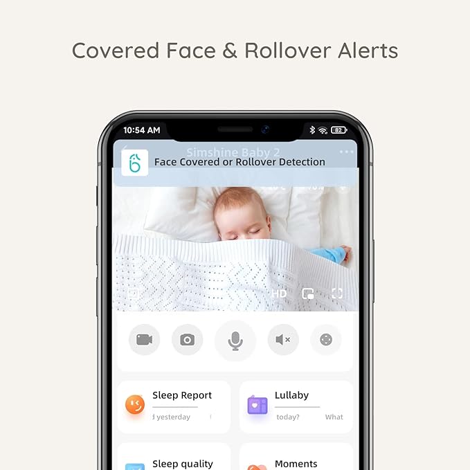 Simshine Baby Monitor, Covered Face Alert, Auto Photo Capture, Cry Auto Soothing Lullaby, Two-Way Talk, Virtual Fence, 2K Ultra HD, Infrared Night Vision