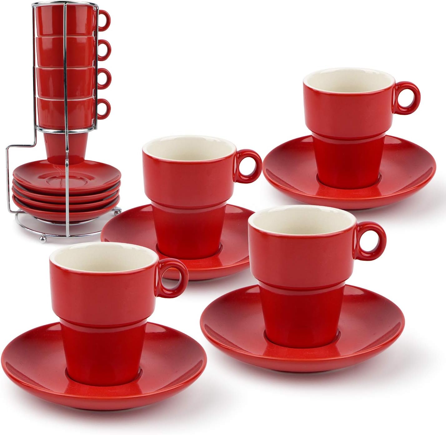 Espresso Cups with Saucers, Ceramic Demitasse Cups with Metal Stand- 3.3OZ/95MLStackable Espresso Mugs, for Specialty Coffee Drinks, Cappuccino and Tea - Set of 4