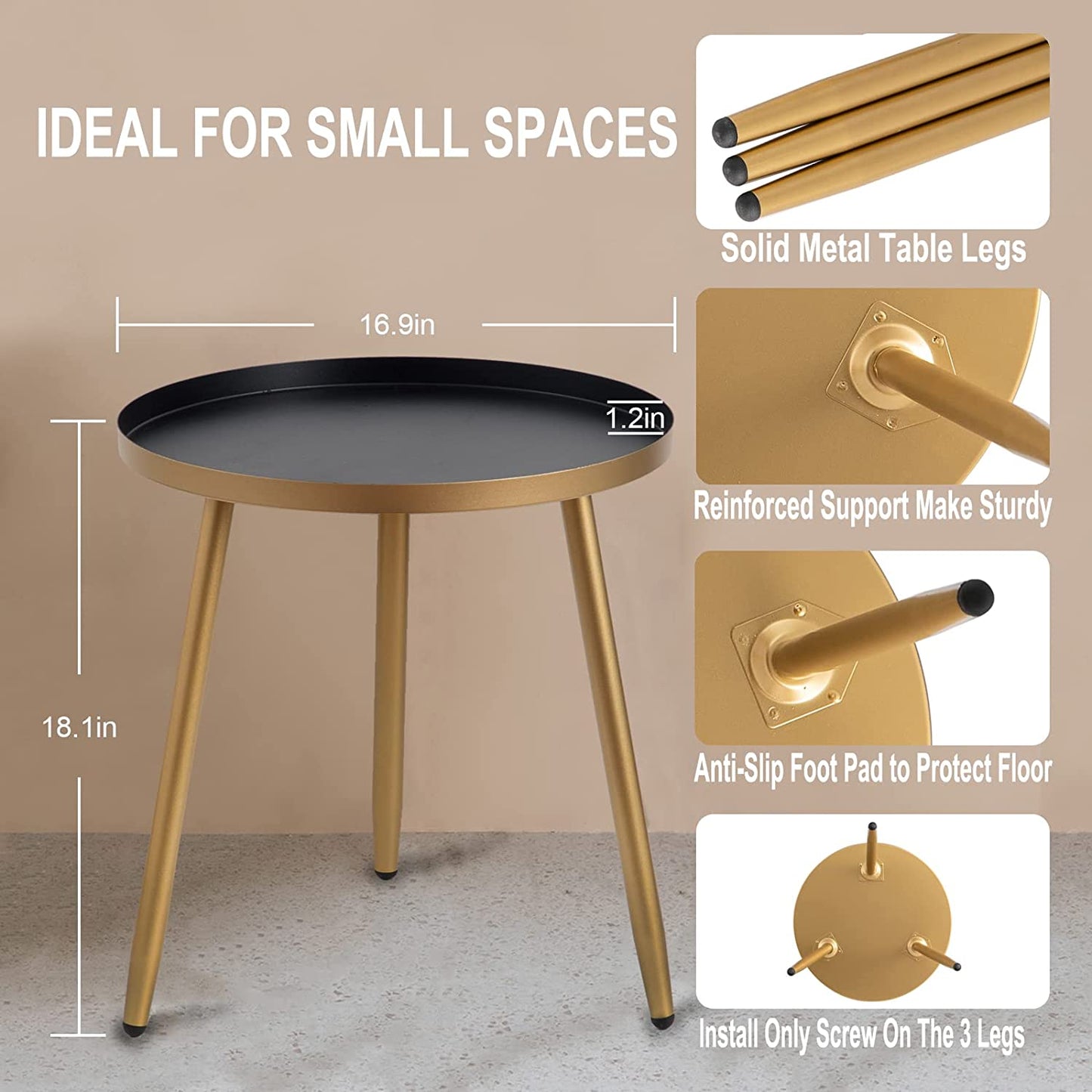 Round End/Side Tables for Living Room, Bedrooms Narrow Night Stands Cute Pedestal Plant Stand for Balcony, Black Tray with 3 Legged Gold Coffee/ Accent Table