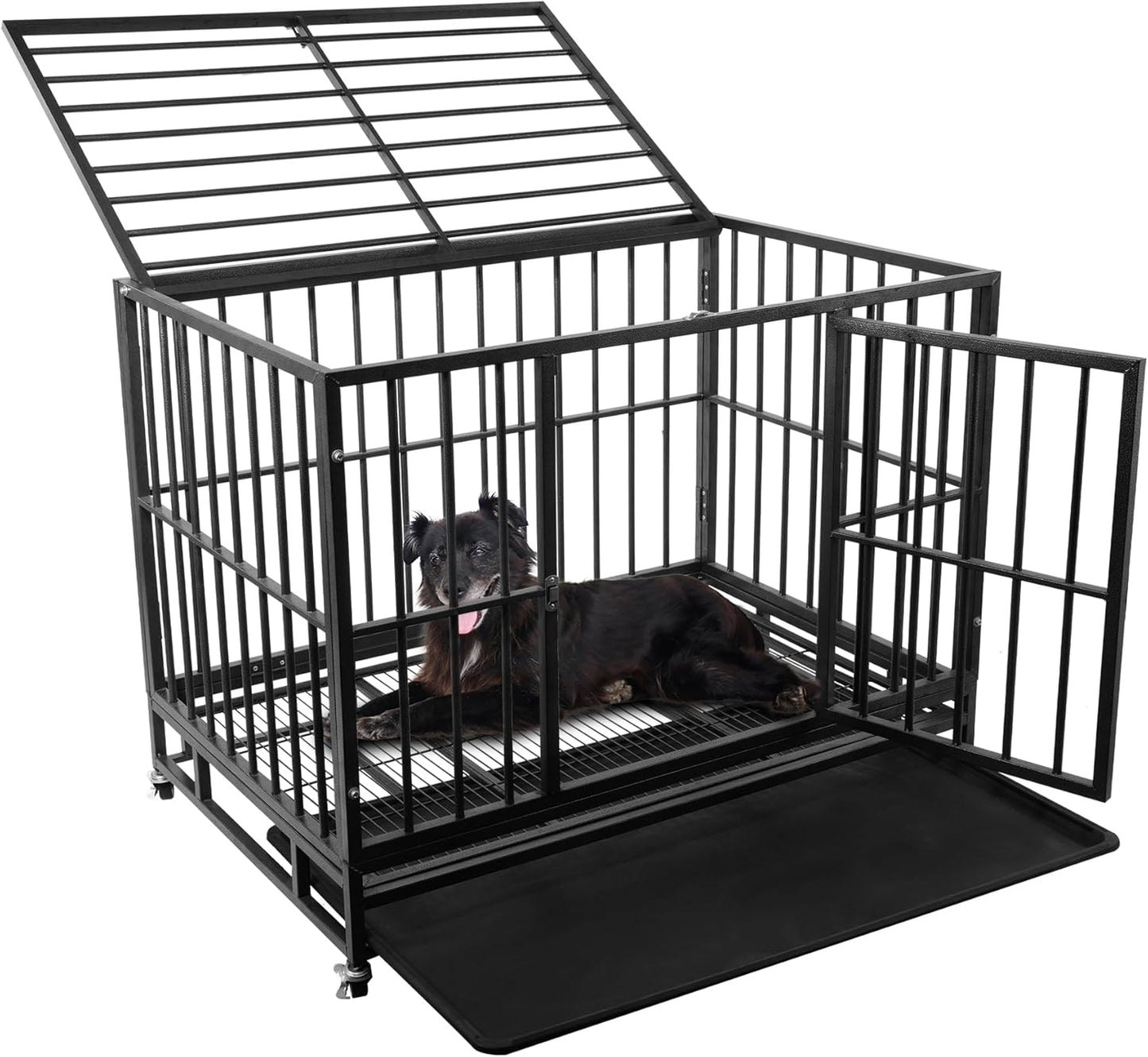 Sturdy Black Metal Dog Cage with Open - Top & Front Door - Ideal Pet Enclosure