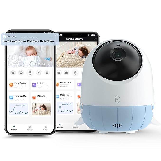 Simshine Baby Monitor, Covered Face Alert, Auto Photo Capture, Cry Auto Soothing Lullaby, Two-Way Talk, Virtual Fence, 2K Ultra HD, Infrared Night Vision