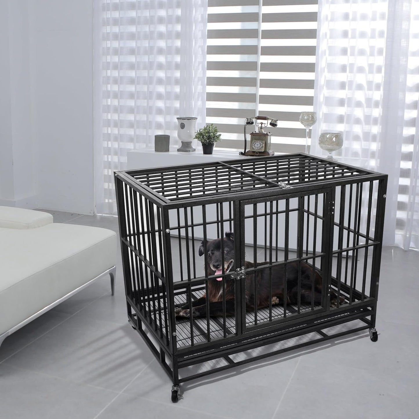 Sturdy Black Metal Dog Cage with Open - Top & Front Door - Ideal Pet Enclosure