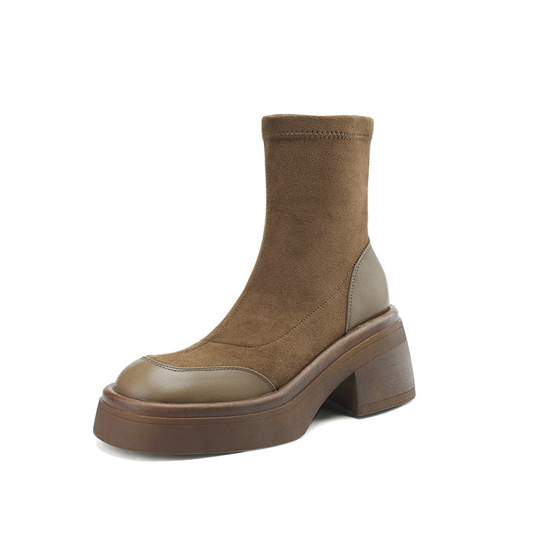 Round Toe Block Heel Ankle Boots feature leather, fabric upper, synthetic lining, rubber sole. Heel height is approx. 2.5″ (6 cm)